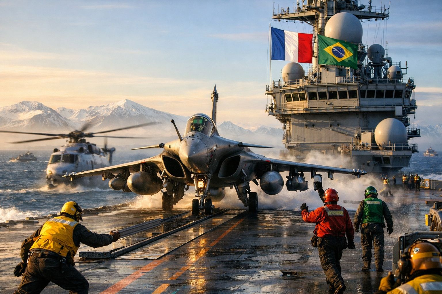 Caça militar em porta-aviões com tripulantes em ação e bandeiras da França e Brasil ao fundo.