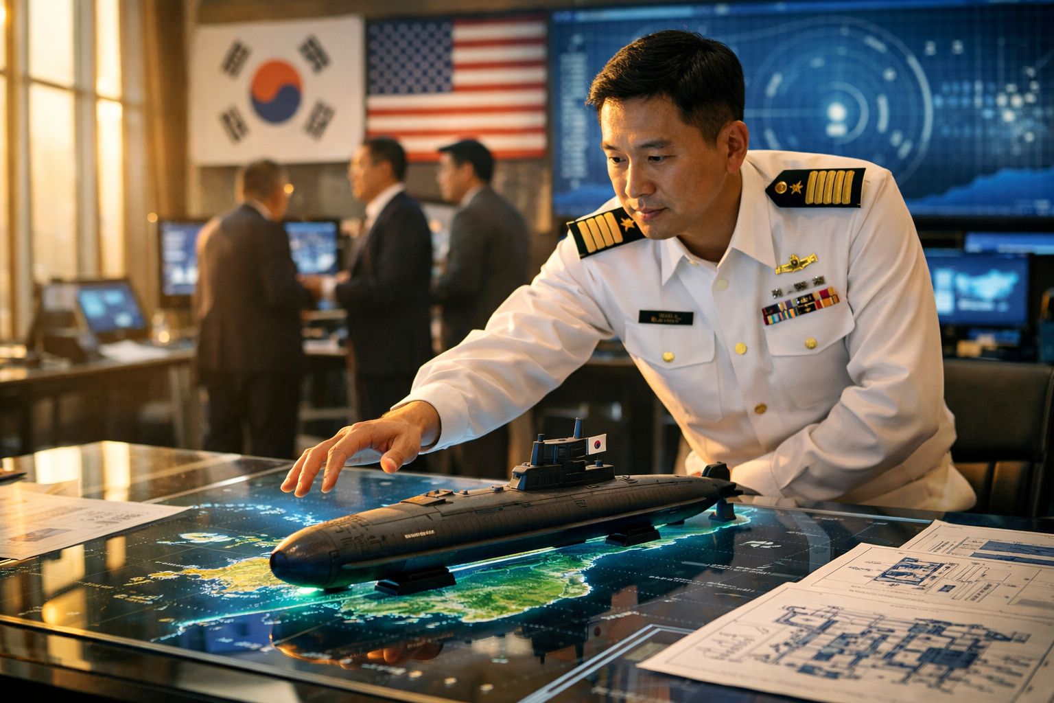 Capitão naval asiático em uniforme branco manuseia maquete de submarino sobre mesa com mapa digital.