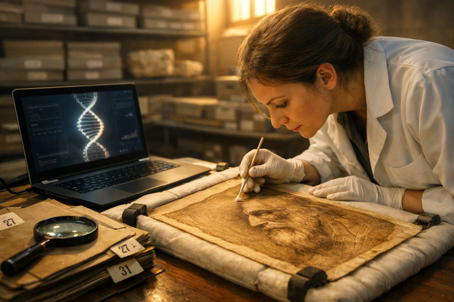 Mulher a analisar retrato antigo sobre mesa com laptop, lupa e arquivos num ambiente de laboratório.