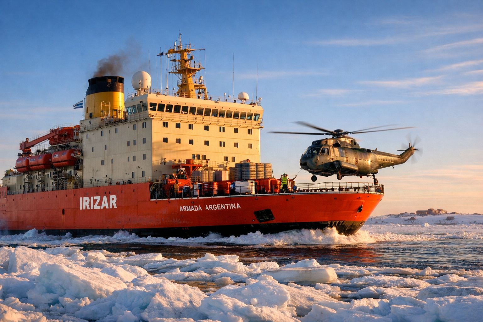 Navio de pesquisa argentino Irízar rodeado de gelo com helicóptero a aterrar no convés ao pôr do sol.