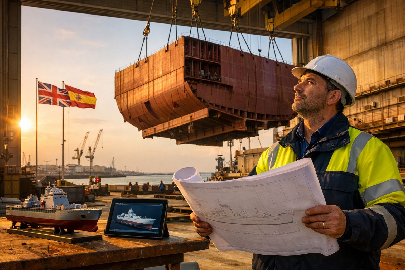 Engenheiro naval com capacete e colete reflector a analisar planta com modelo e desenho de navio em doca.