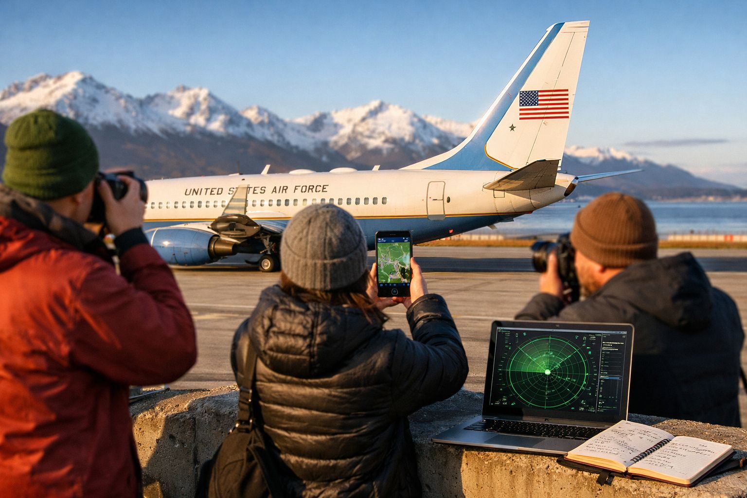 Três pessoas fotografam um avião da Força Aérea dos EUA num aeroporto com montanhas nevadas ao fundo.