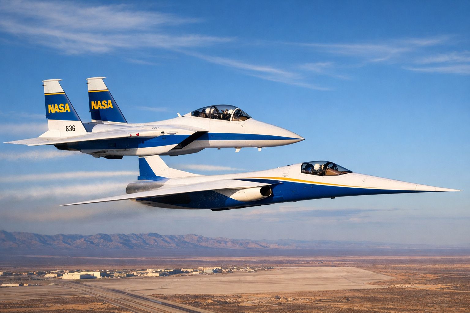 Dois aviões NASA a voar sobre um deserto com montanhas ao fundo em céu azul.