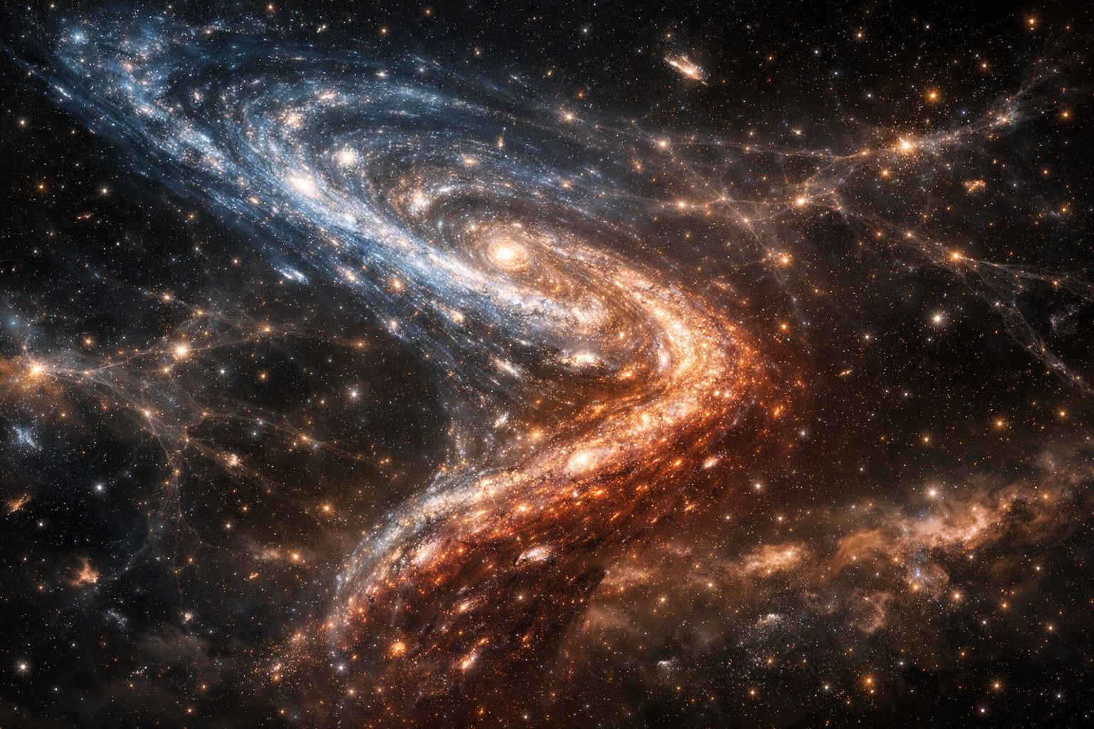 Imagem artística de duas galáxias em espiral a colidirem, com estrelas e poeira cósmica brilhante.