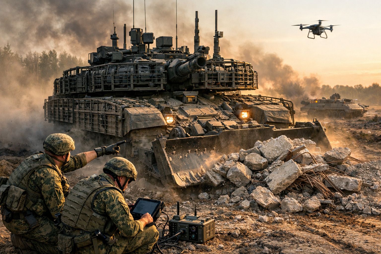 Dois soldados com equipamento militar operam um drone e controlam um tanque em terreno com destroços e fumo.