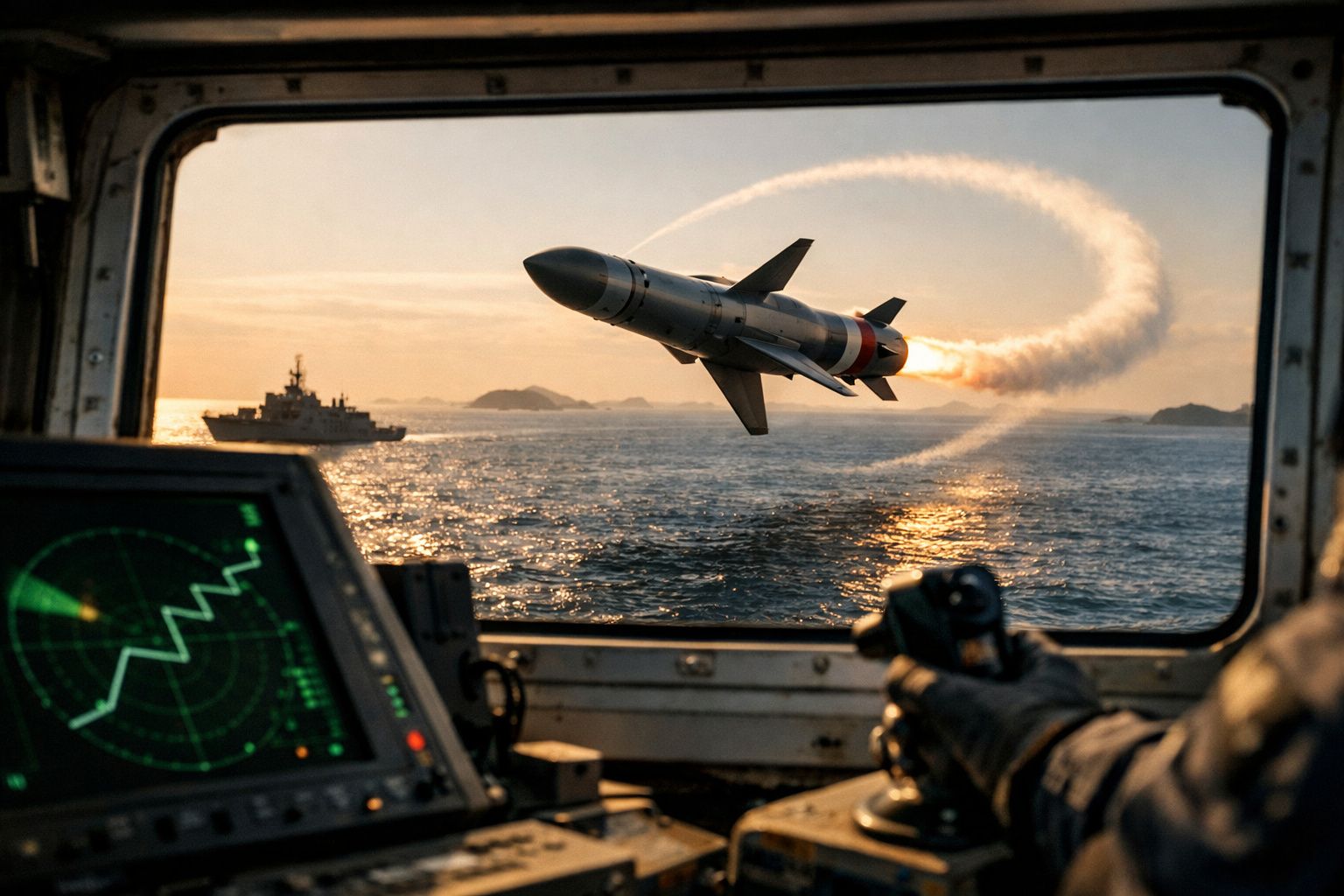 Míssil lançado de navio naval, a voar sobre o mar ao pôr do sol com rasto de fumo visível.