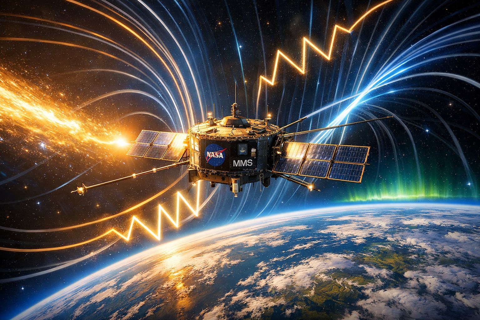 Satélite da NASA em órbita da Terra com linhas energéticas brilhantes e aurora boreal ao fundo.