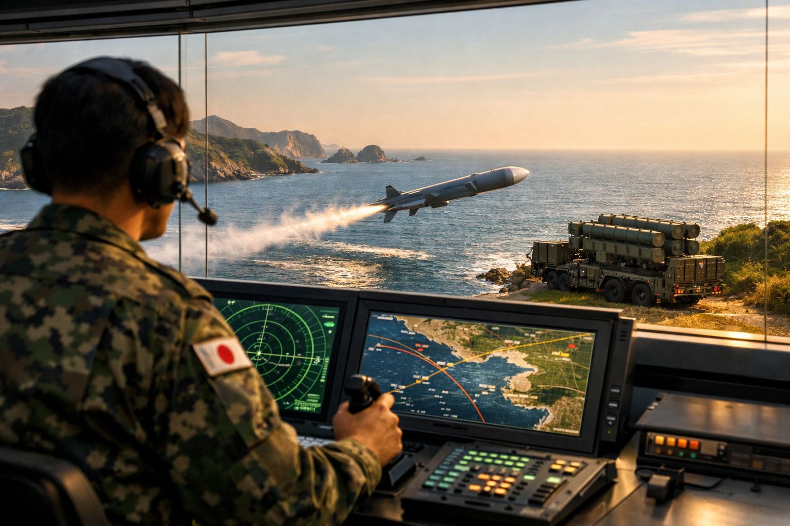 Soldado japonês controla lançamento de míssil ao largo de costa rochosa, com equipamentos militares e radar à frente.