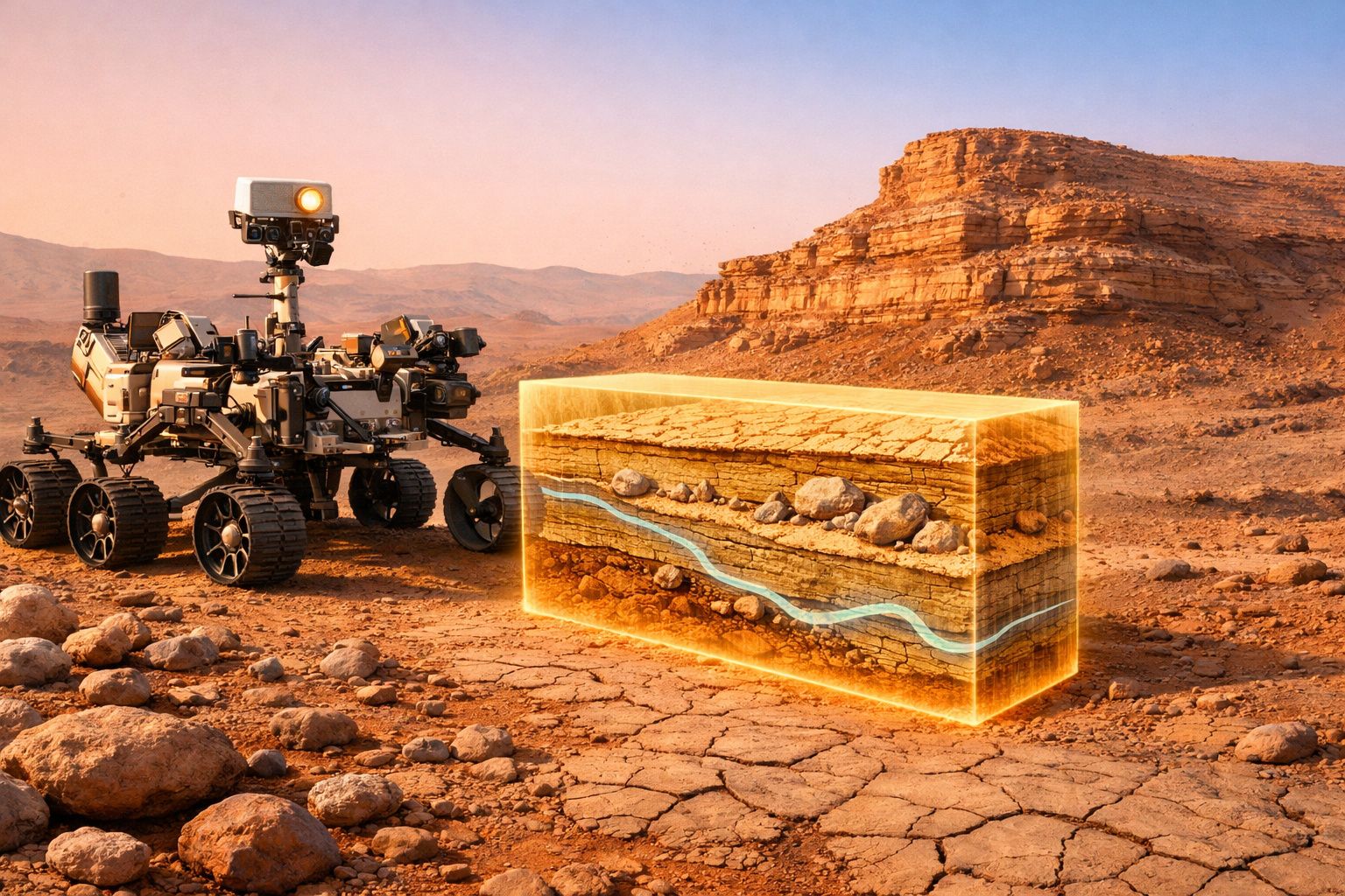 Rover a explorar terreno árido com destaque digital de camadas geológicas e fluxo subterrâneo.