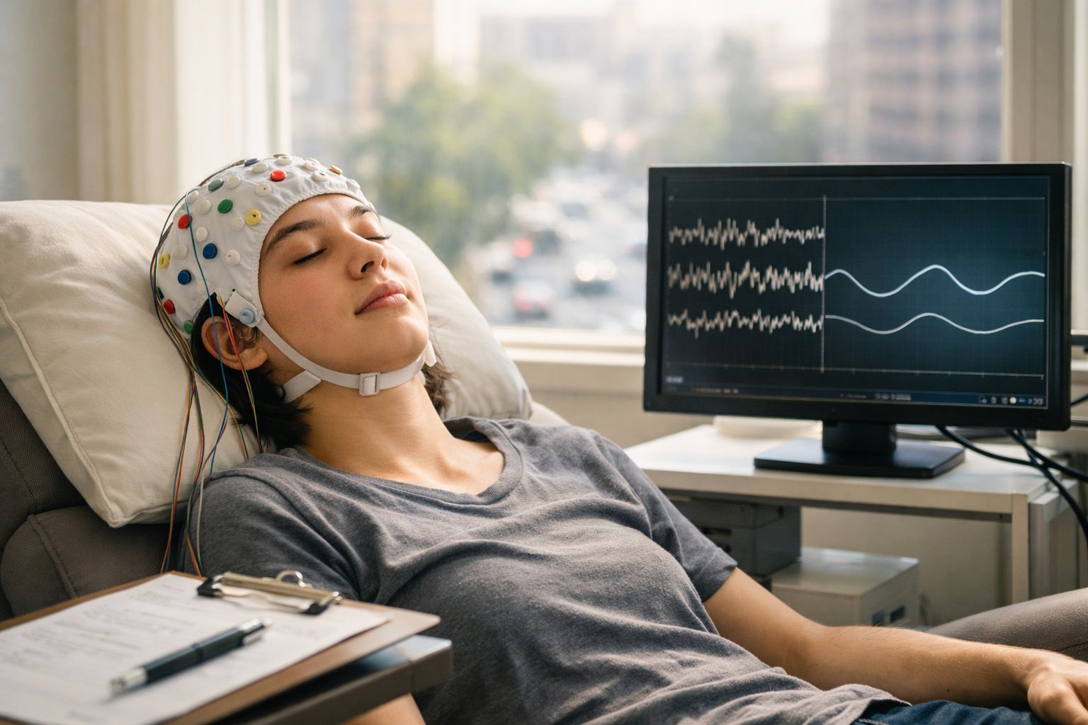 Mulher com dispositivo de EEG na cabeça a descansar enquanto registo cerebral é monitorizado no ecrã.