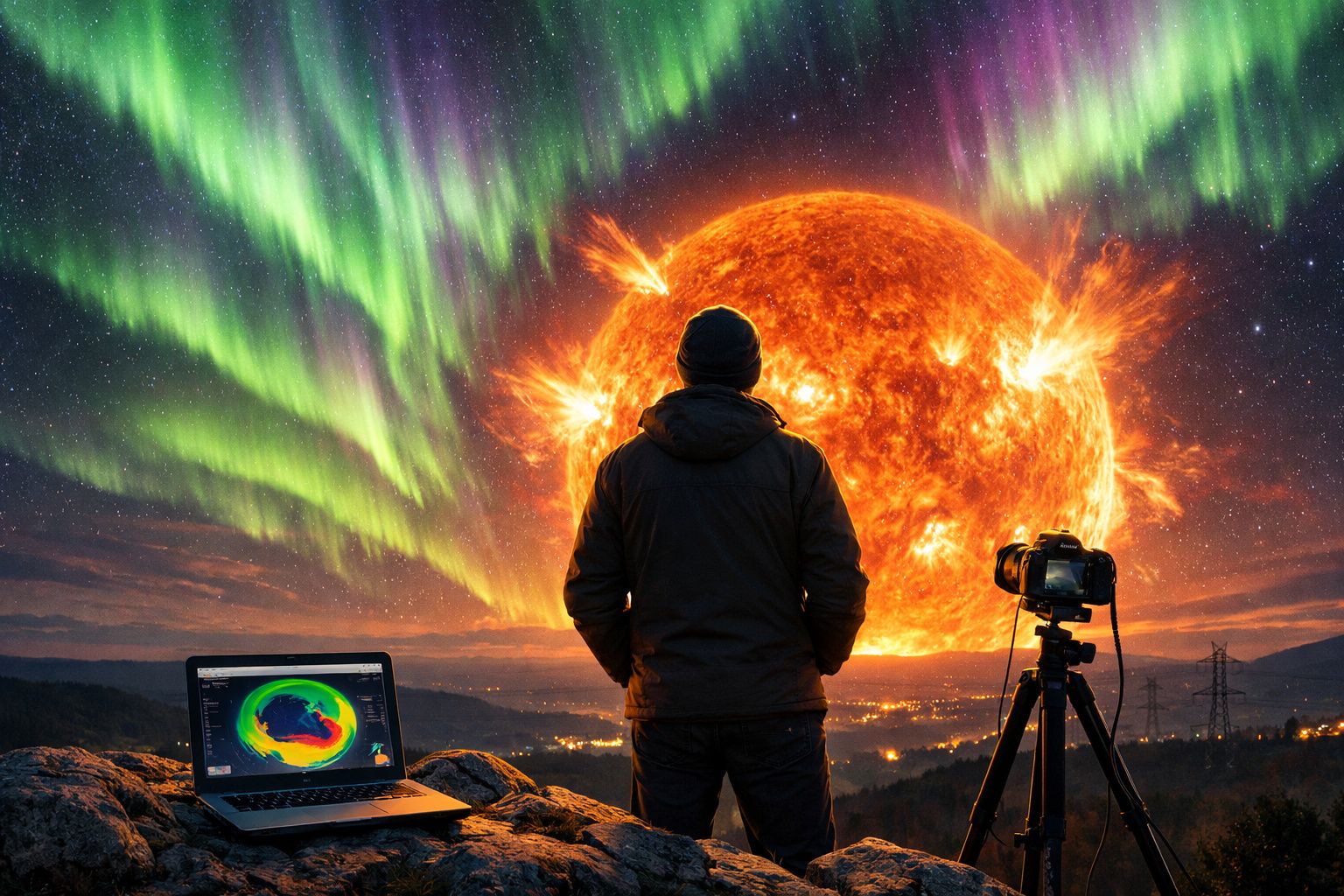 Pessoa observa aurora boreal e um sol gigante com laptop e tripé com câmara numa paisagem noturna.
