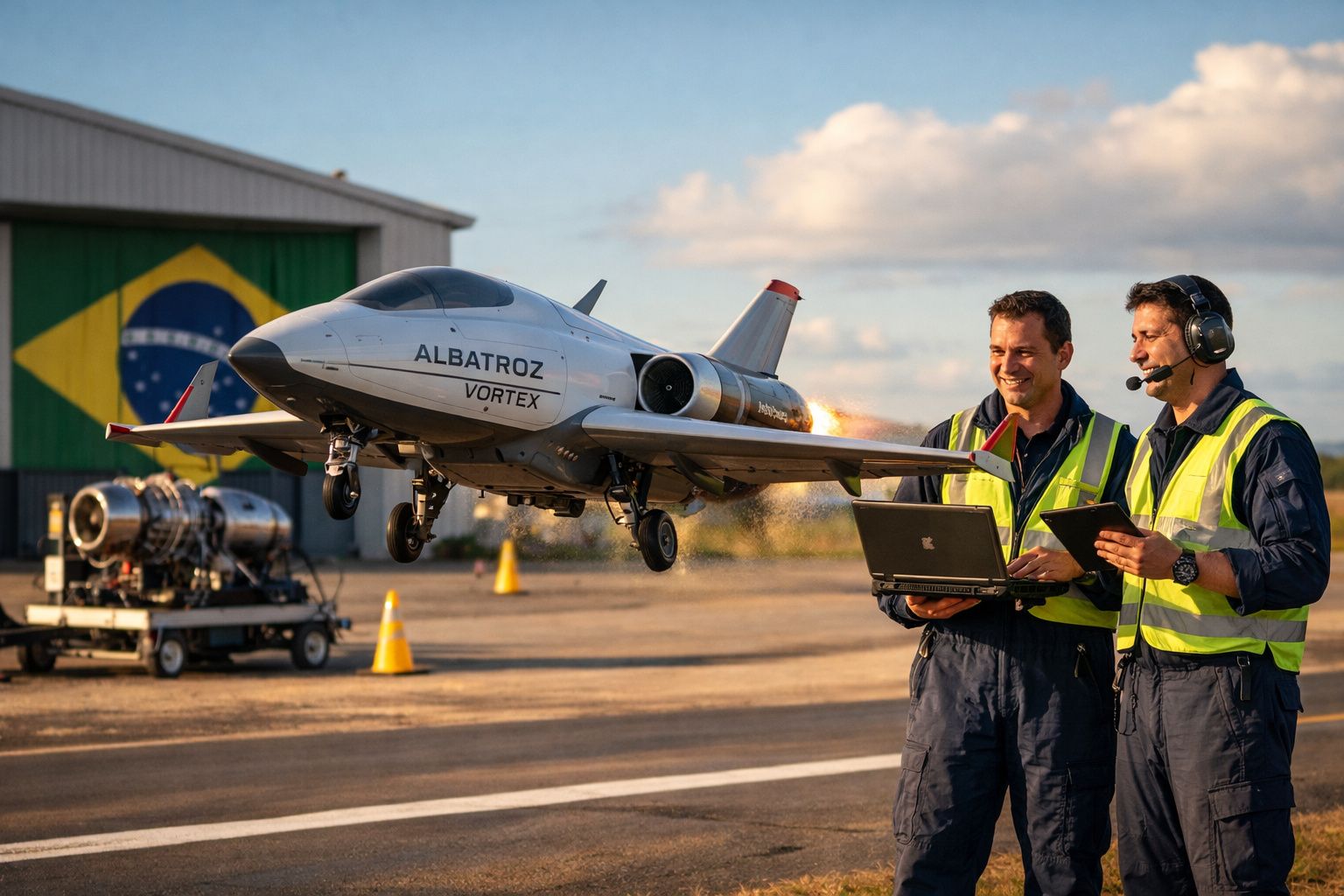 Dois técnicos observam o voo de um modelo de avião a jato com motor a jato ligado num aeródromo.