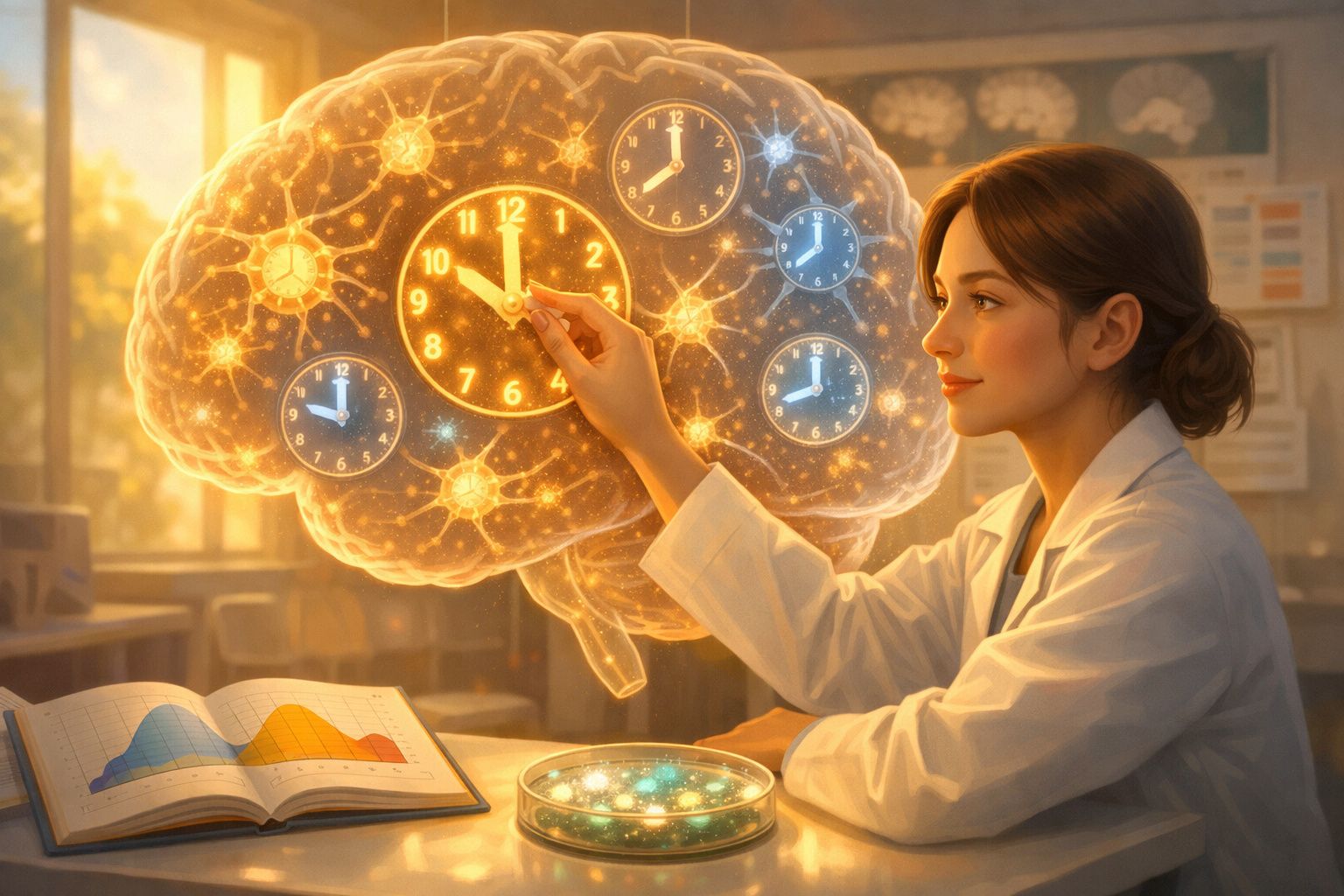 Mulher cientista ajusta relógios num cérebro iluminado simbolizando estudo do tempo e memória.