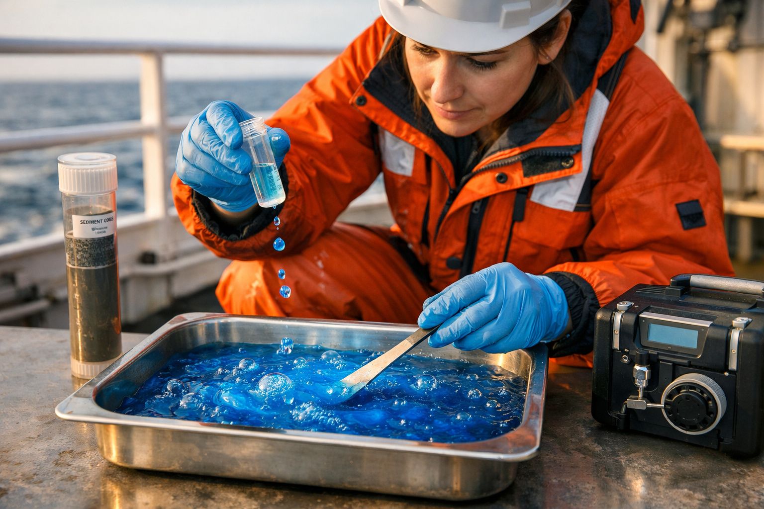 Mulher com roupa de proteção faz análise de amostra líquida azul num laboratório ao ar livre.