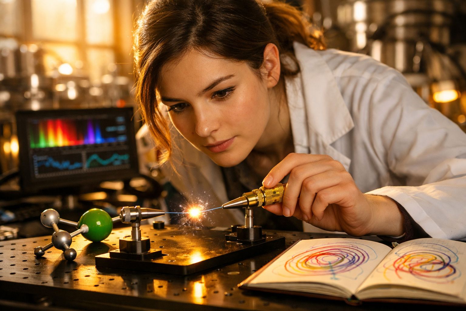 Mulher cientista em laboratório a manipular instrumento de luz com gráficos e desenhos coloridos à frente.
