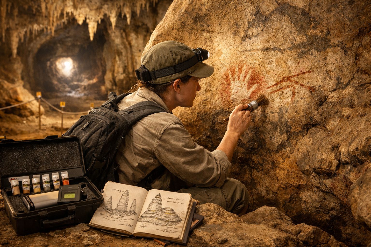 Arqueólogo a examinar pinturas rupestres na parede de uma caverna com ferramentas e livro aberto ao lado.