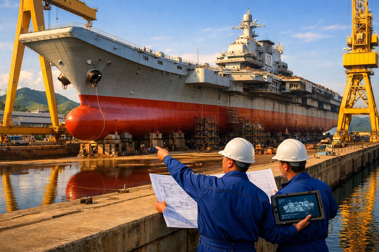 Dois engenheiros de capacete e roupa azul analisam planos junto a um grande navio em estaleiro naval.