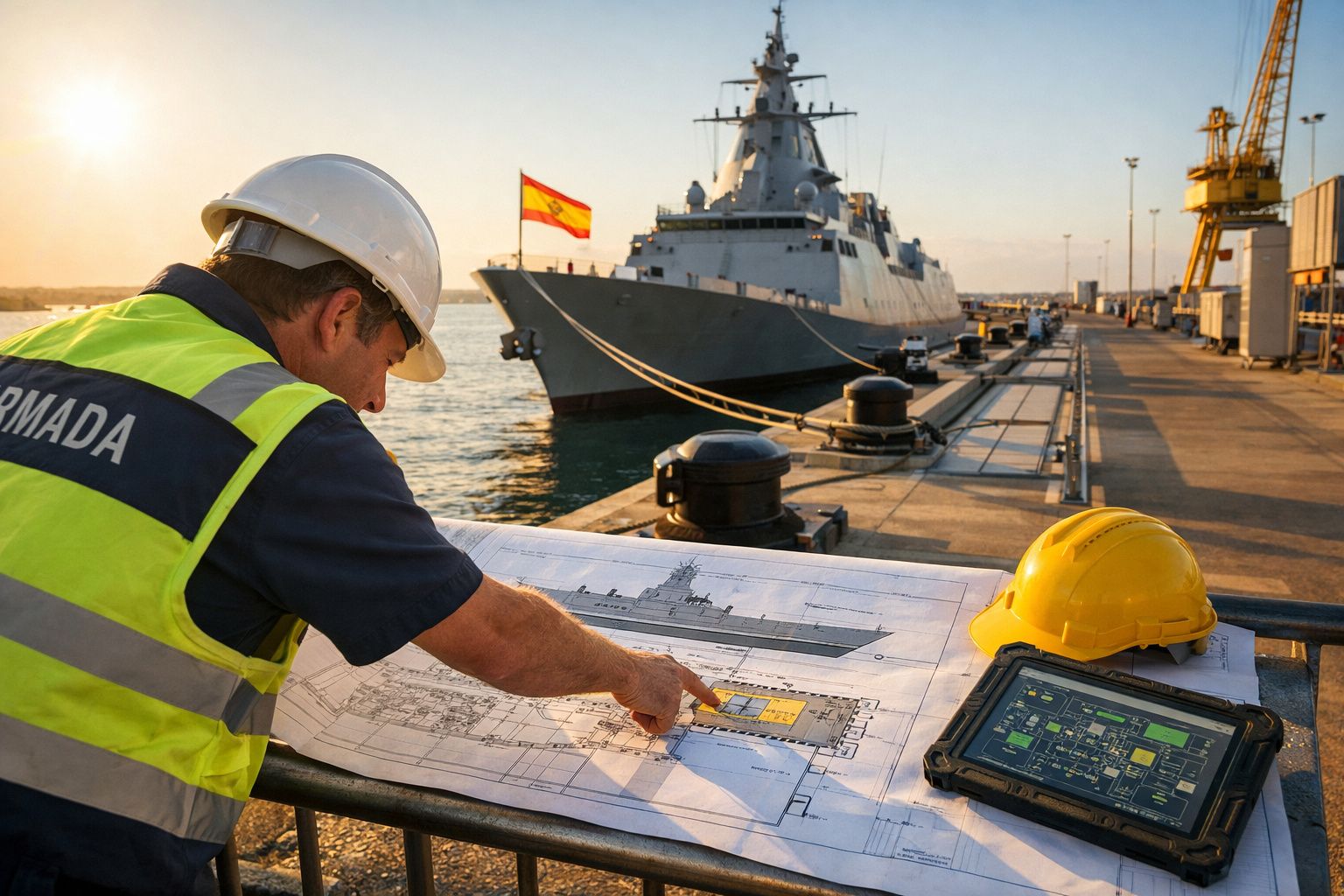 Militar da marinha com colete refletor e capacete a analisar planos junto a navio de guerra atracado ao cais.