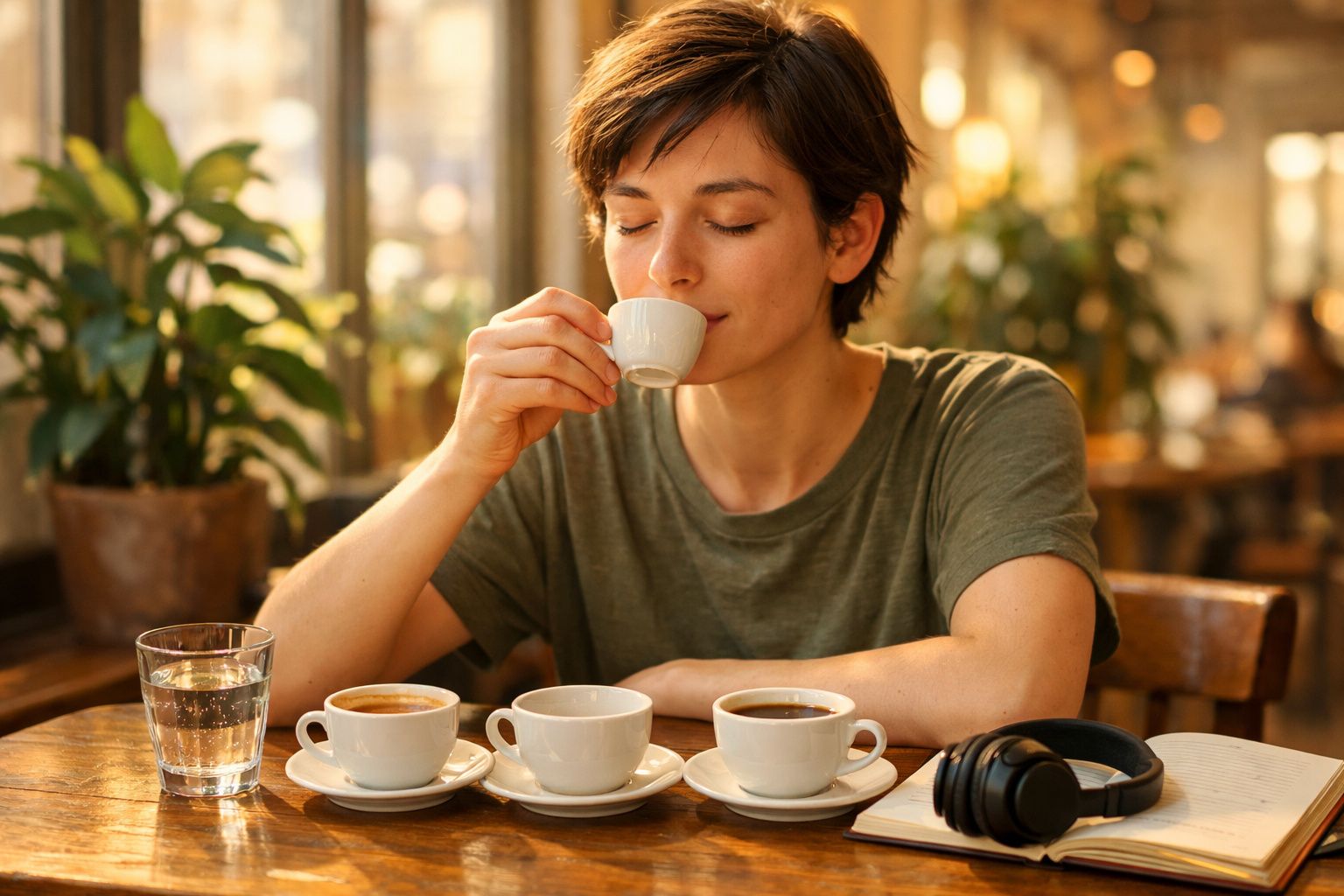 Mulher jovem a saborear café numa esplanada com três chávenas e auscultadores na mesa.