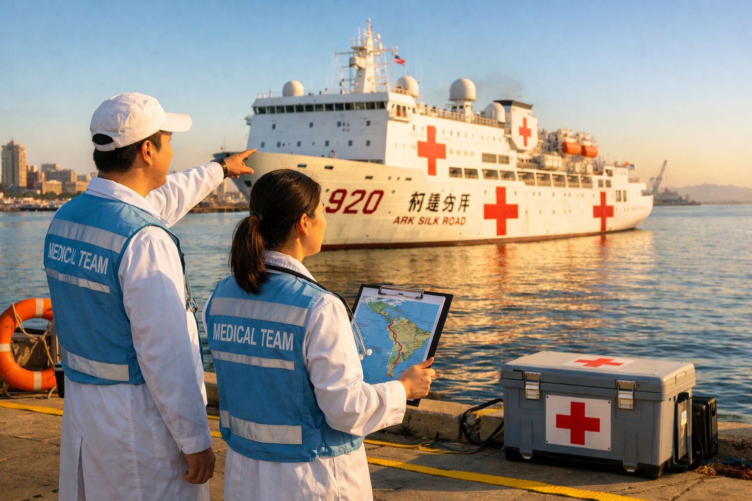 Dois membros de equipa médica com coletes azuis observam um navio hospital com cruz vermelha no porto ao pôr do sol.