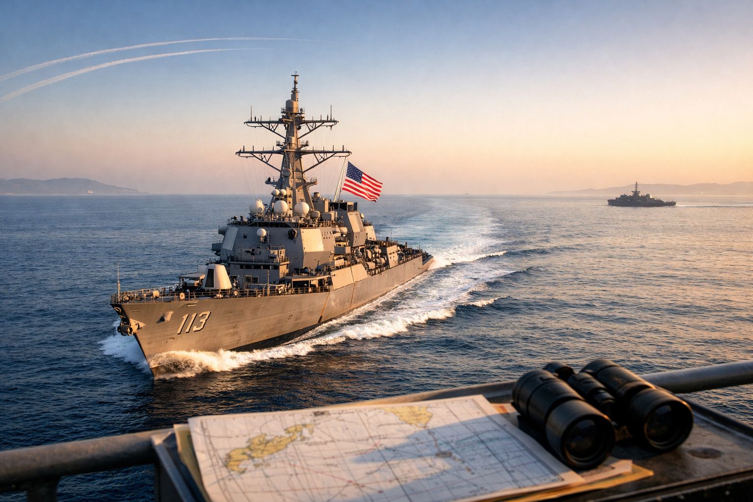 Porta-aviões militar nº 113 dos EUA navegando em mar calmo ao pôr do sol com binóculos e mapa em primeiro plano.