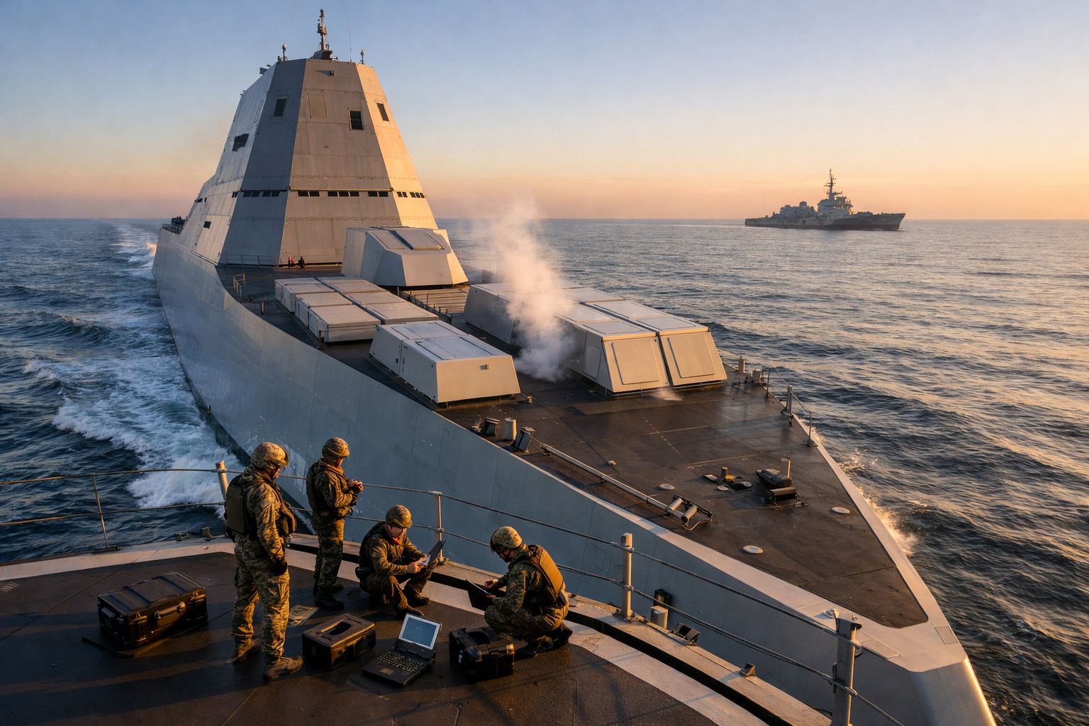 Quatro militares a bordo de um navio de guerra moderno com outro navio ao longe ao pôr do sol.