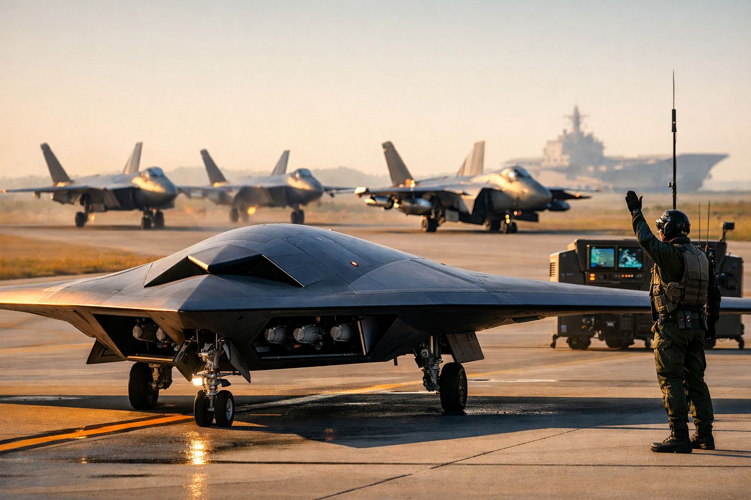 Avião militar furtivo no pouso com piloto a sinalizar e quatro caças atrás em pista de aeroporto militar ao amanhecer.
