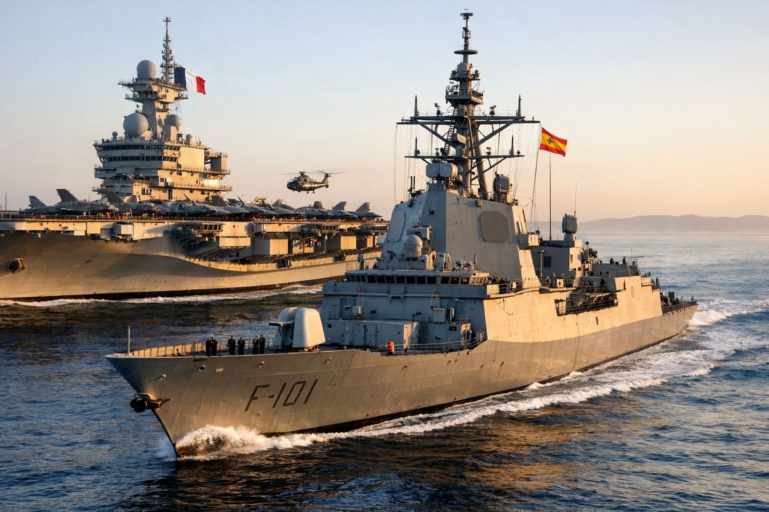 Fragata F-101 com bandeira de Espanha navega ao lado de porta-aviões com bandeira de França ao pôr do sol.
