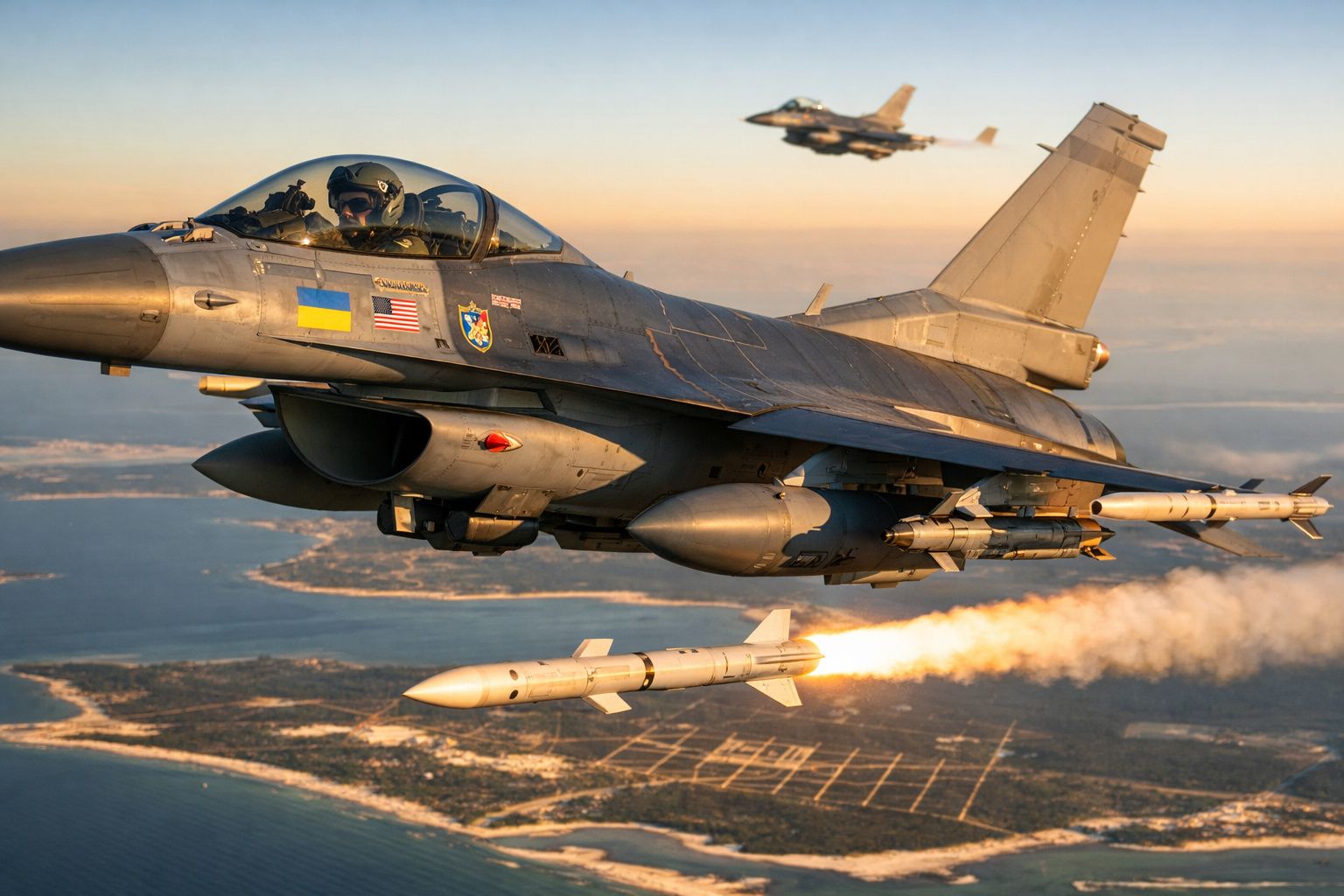 Caça F-16 ucraniano disparando míssil sobre área costeira com outro caça ao fundo ao pôr do sol.