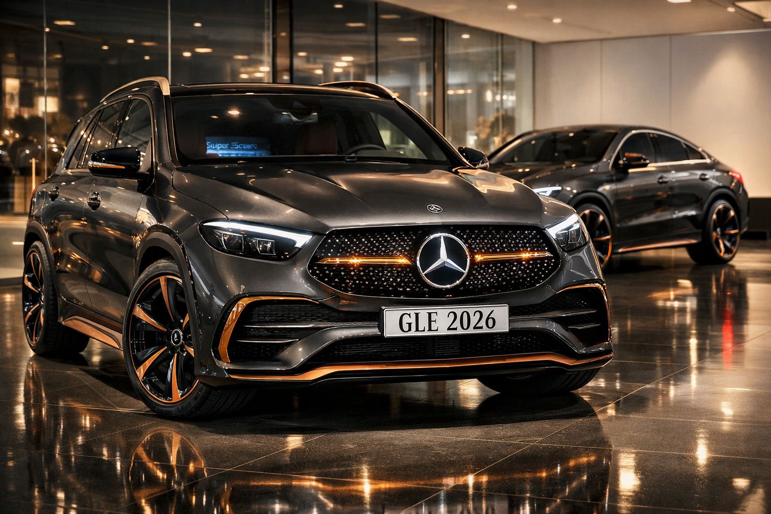 Dois carros Mercedes-Benz cinza brilhante, em destaque um SUV GLE 2026 numa exposição interior moderna.