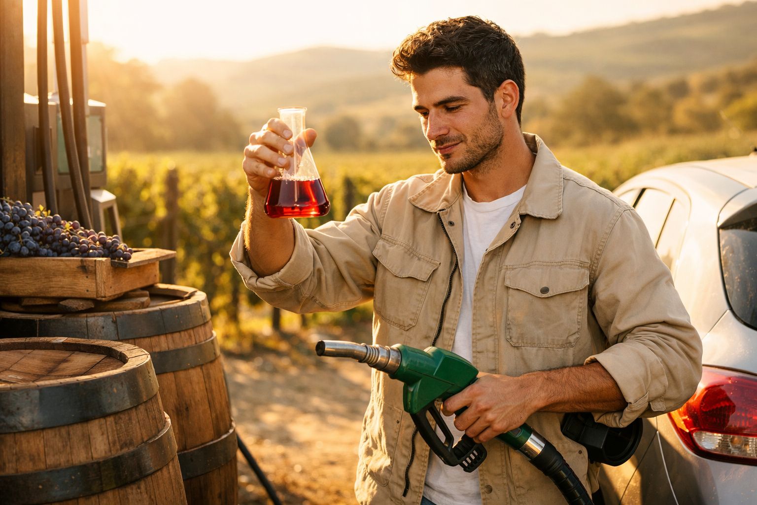 Homem a comparar amostra de vinho com bico de combustível numa vinha ao pôr do sol.