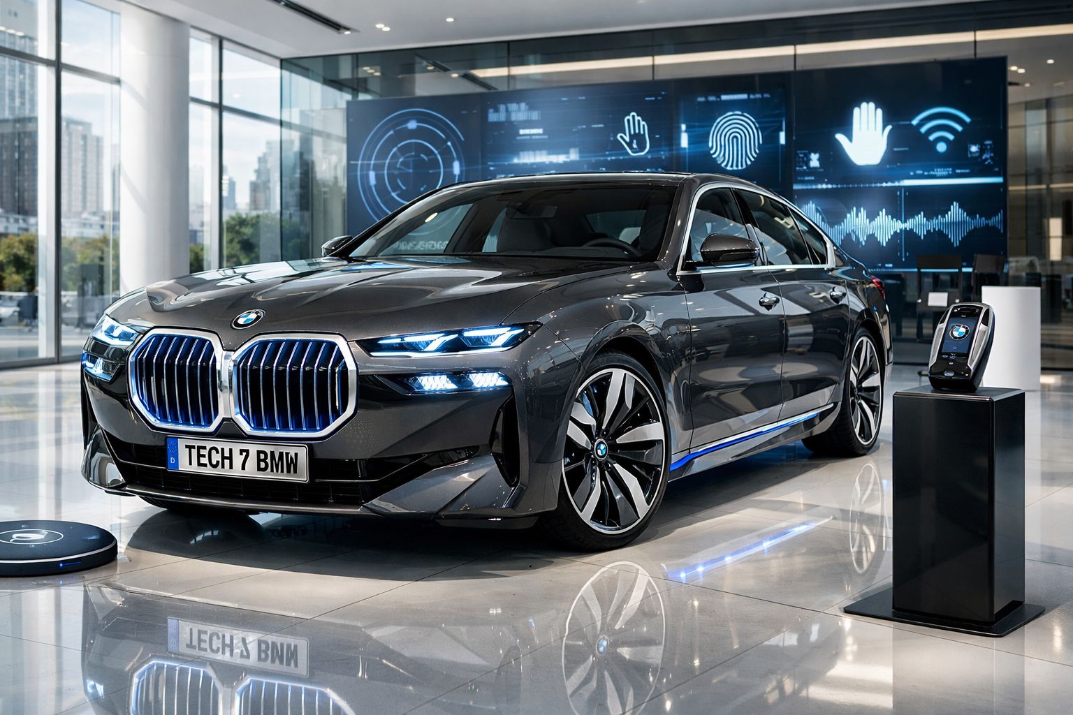 Carro elétrico BMW preto estacionado em showroom moderno com ecrã digital futurista ao fundo.
