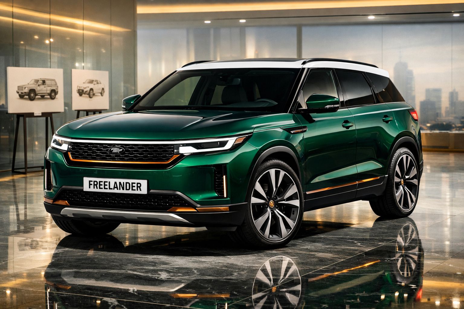 SUV verde escuro com tejadilho branco e detalhes laranja, modelo Freelander, interior moderno e luminoso.