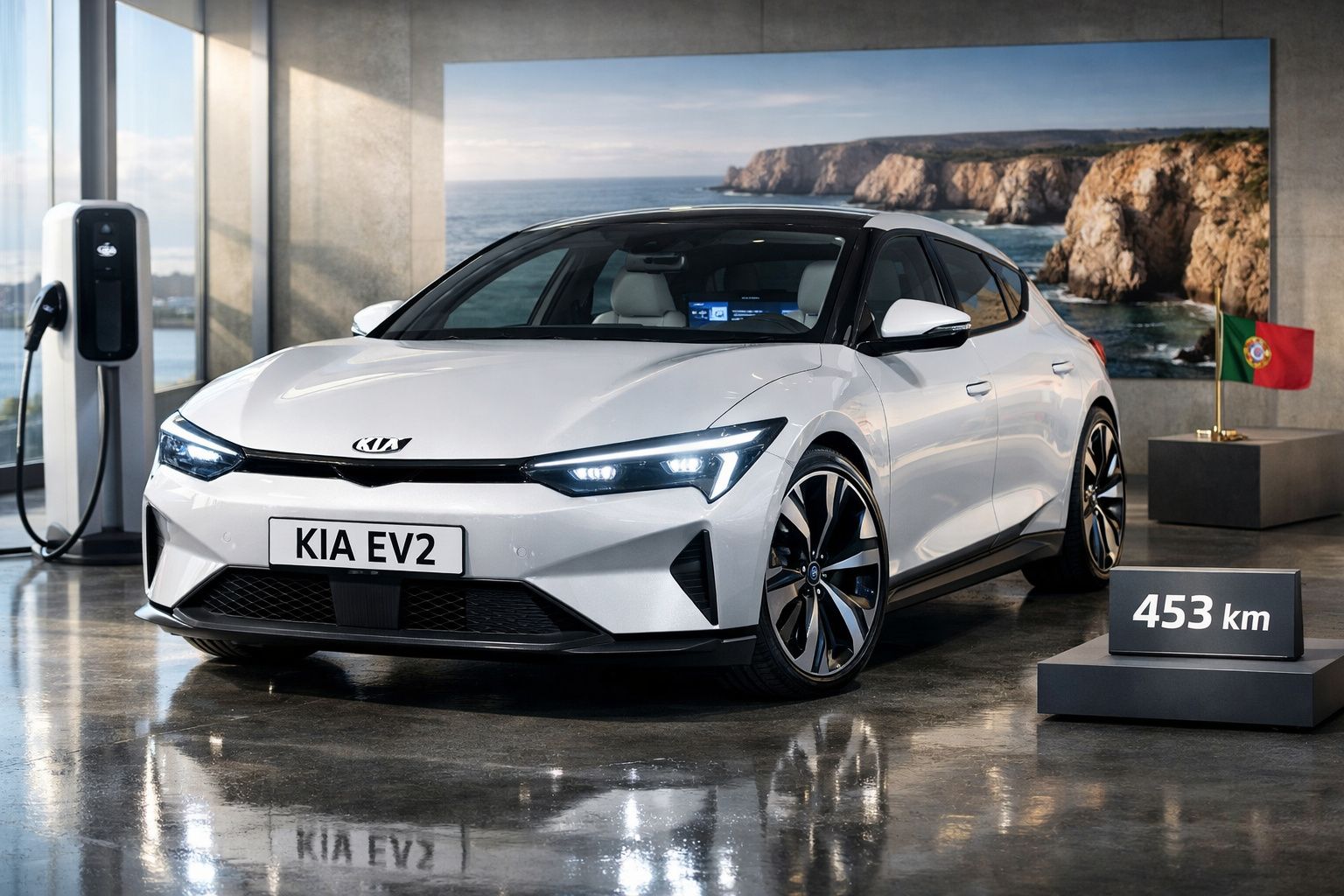 Carro elétrico branco Kia EV2 estacionado junto a posto de carregamento com placa a indicar autonomia de 453 km.
