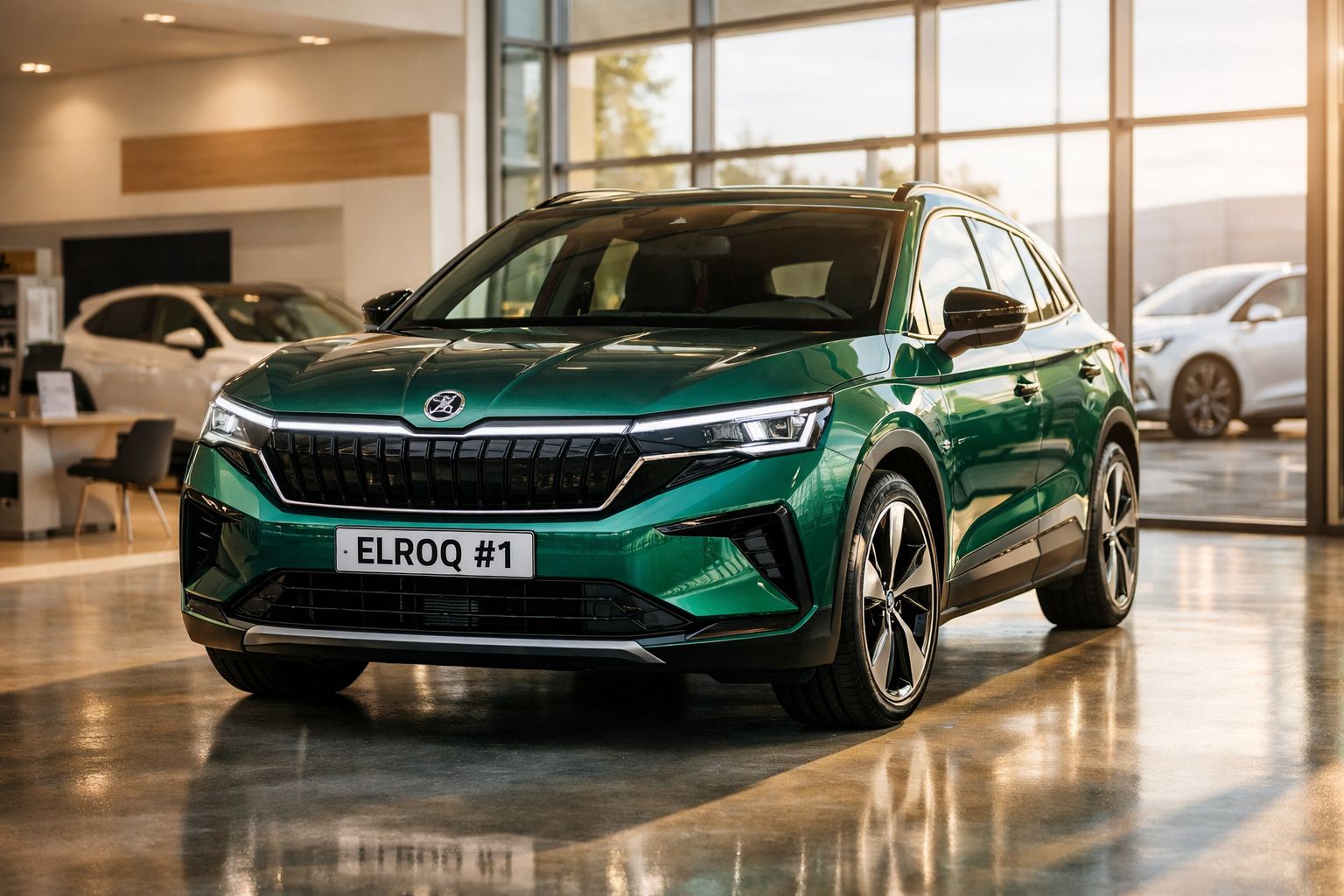 Carro SUV verde Skoda Elroq exposto numa sala de showroom moderna com grandes janelas.