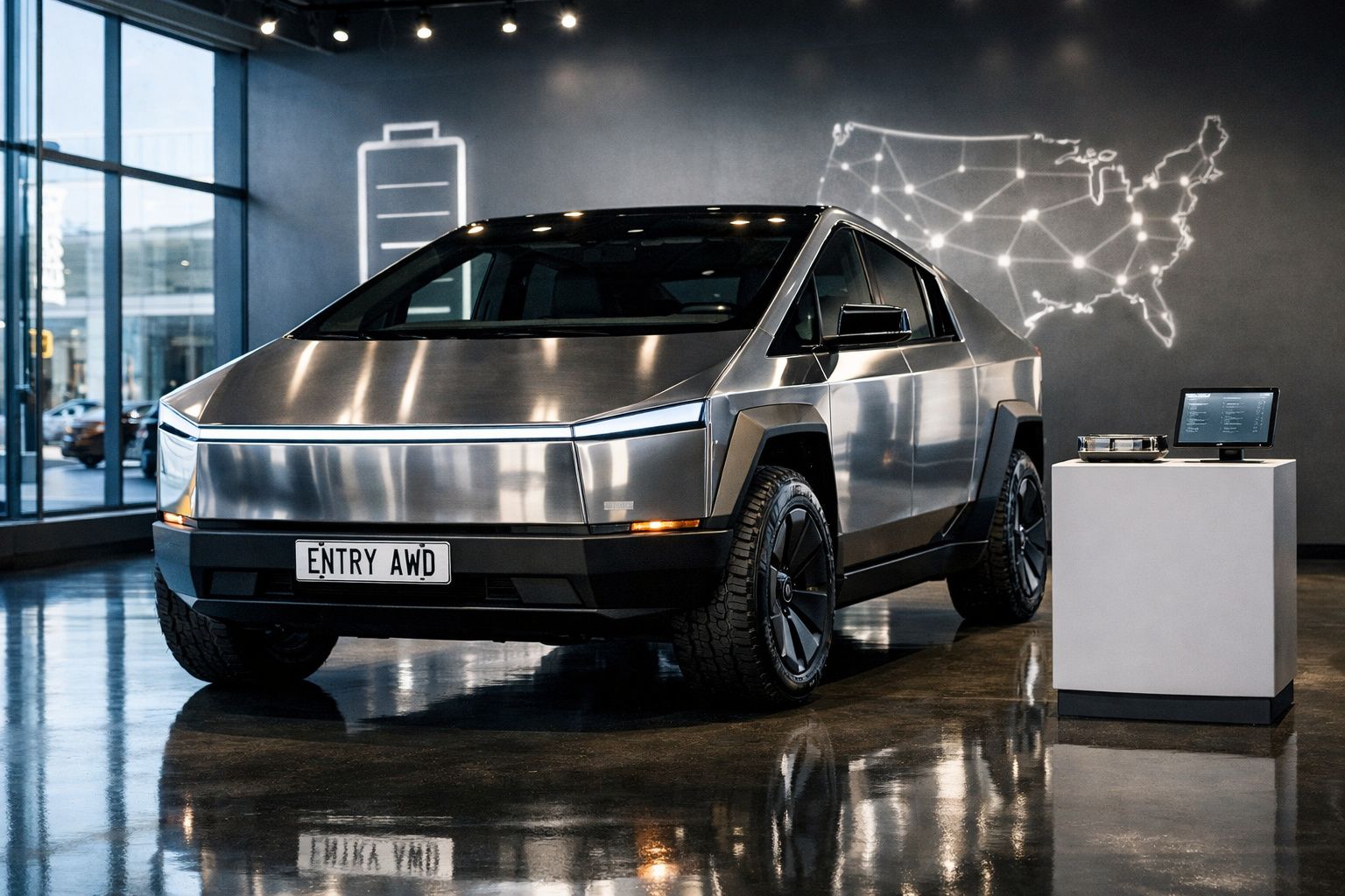 Veículo elétrico futurista com acabamento prateado exposto num showroom moderno.