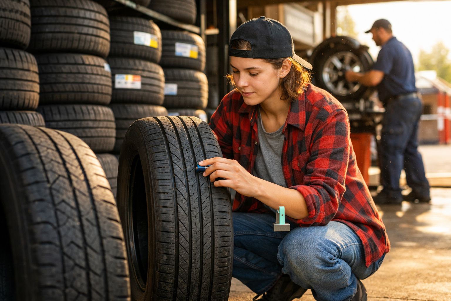 Jovem a inspecionar o piso de um pneu num atelier de manutenção automóvel com vários pneus empilhados.