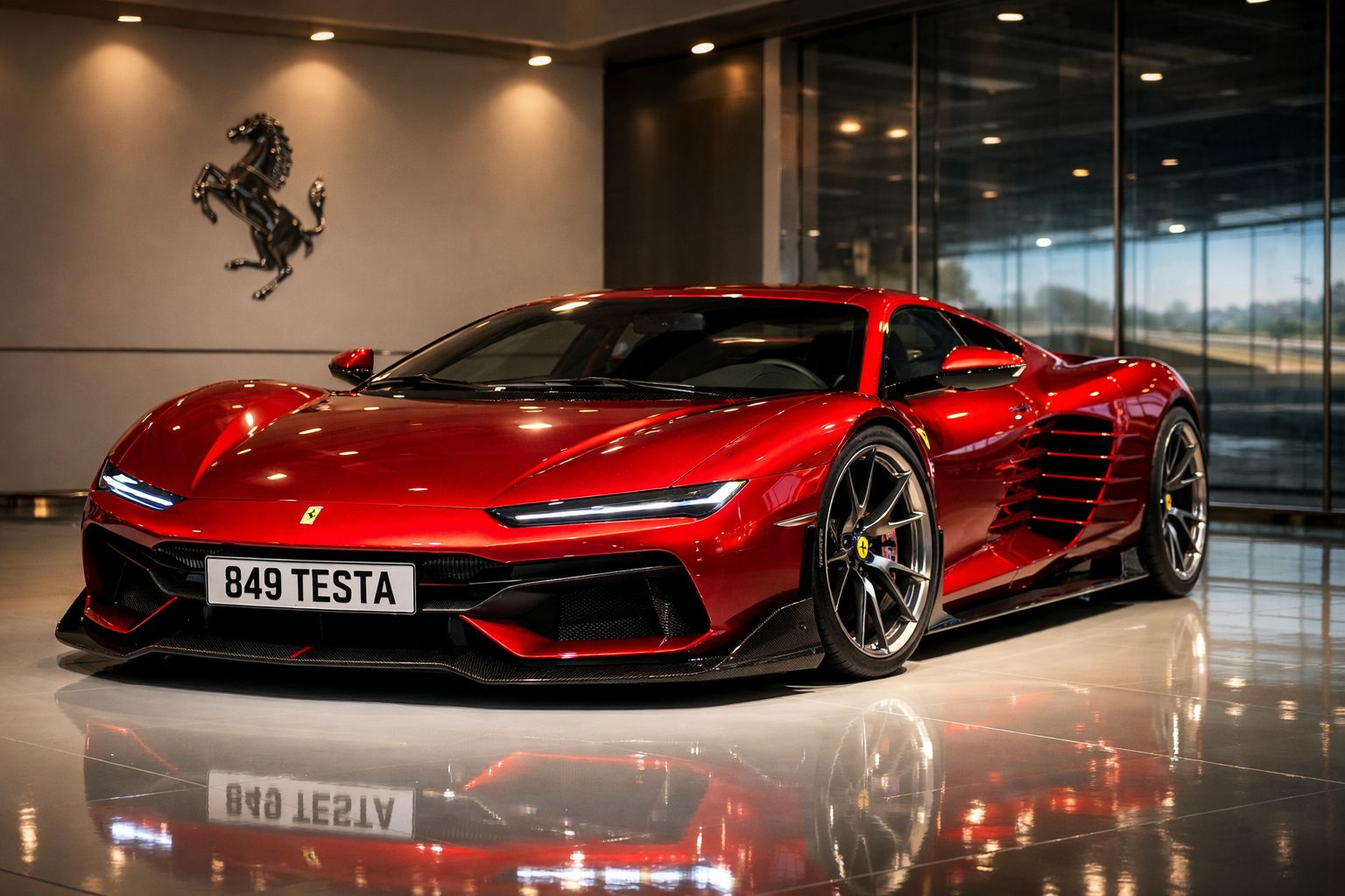 Ferrari 849 Testarossa vermelha estacionada numa garagem com chão espelhado.