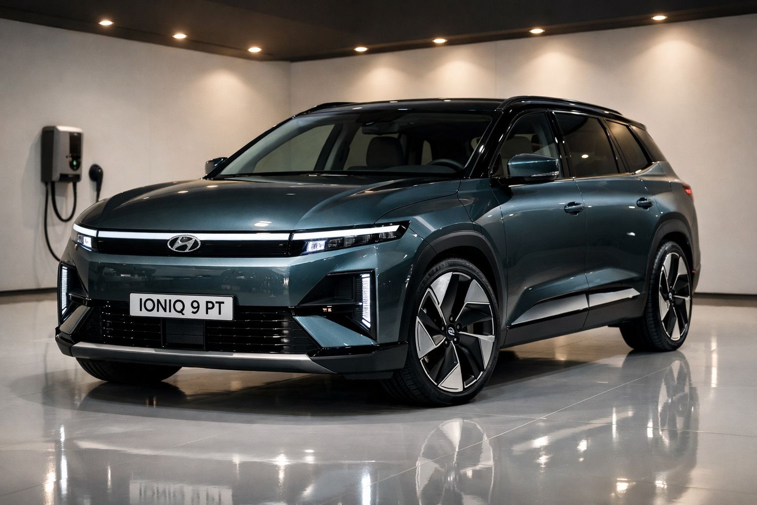 SUV elétrico Hyundai Ioniq 9 PT cinzento escuro numa garagem moderna com posto de carregamento.