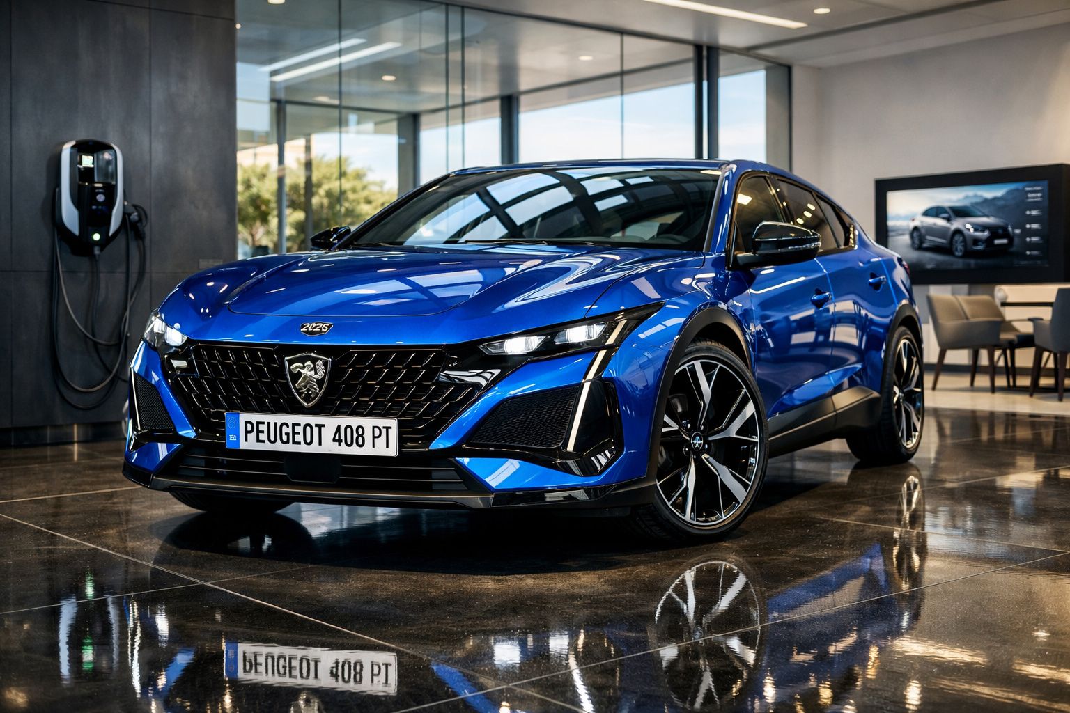 Carro azul Peugeot 408 PT elétrico em exibição numa sala moderna com carregador elétrico na parede.