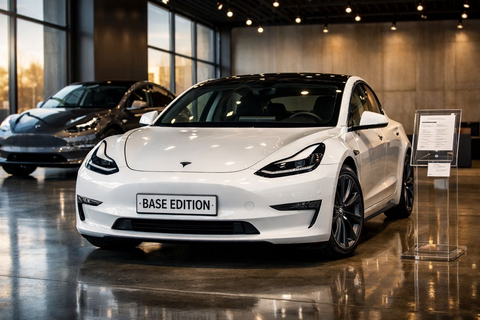 Carro elétrico Tesla Model 3 branco Base Edition em exposição numa sala com chão refletor.