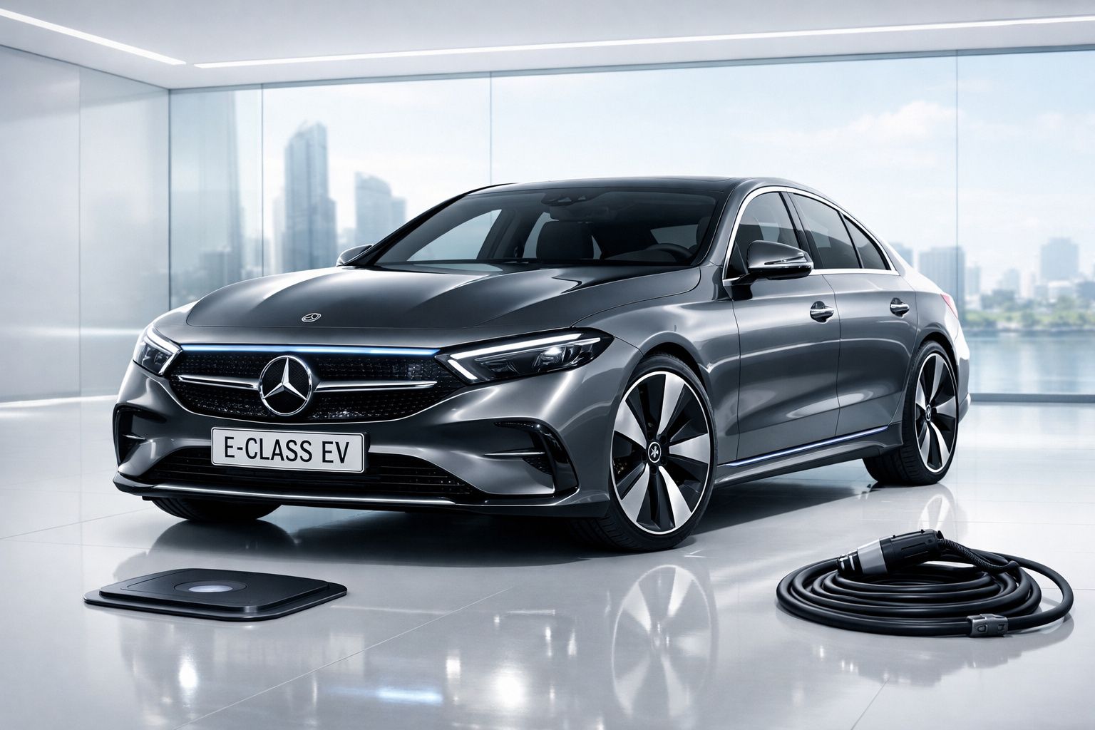 Mercedes-Benz E-Class EV cinzento estacionado em interior moderno com cabo de carregamento.