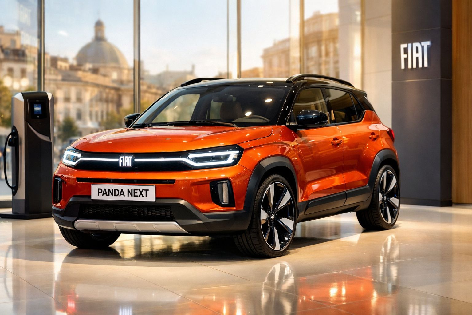 Carro elétrico Fiat Panda Next cor laranja com teto preto em exposição numa loja moderna.