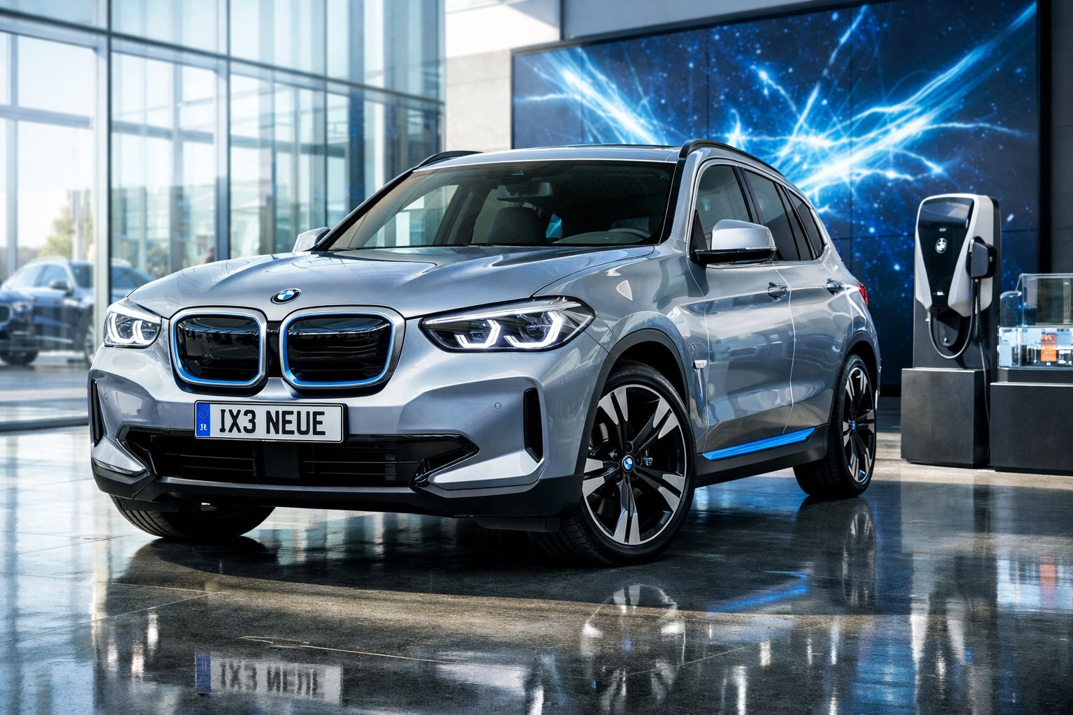 Carro elétrico BMW iX3 cinza num showroom moderno com estação de carregamento ao lado.