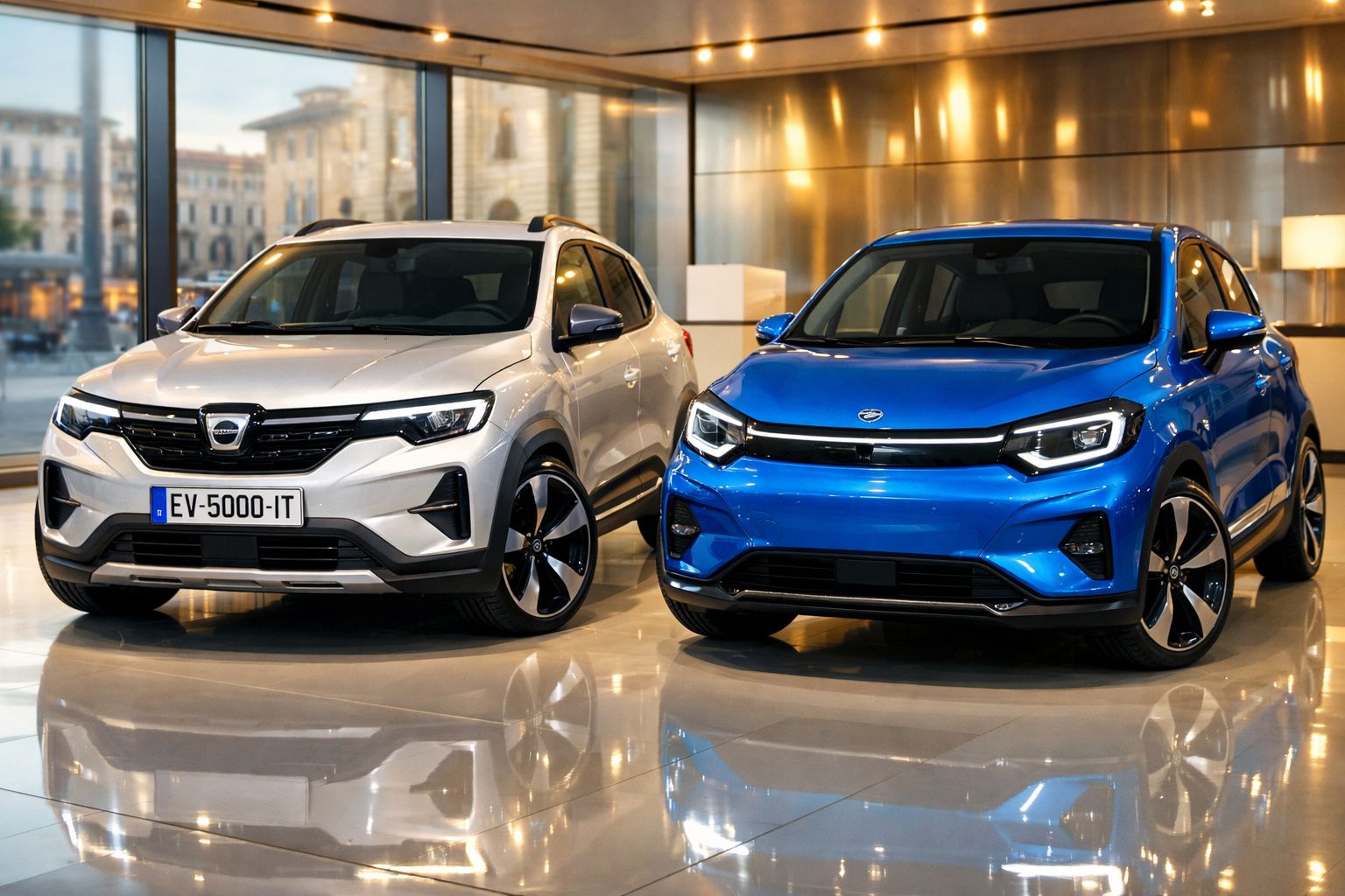 Dois carros elétricos modernos, branco e azul, expostos em sala com chão brilhante e janelas grandes.