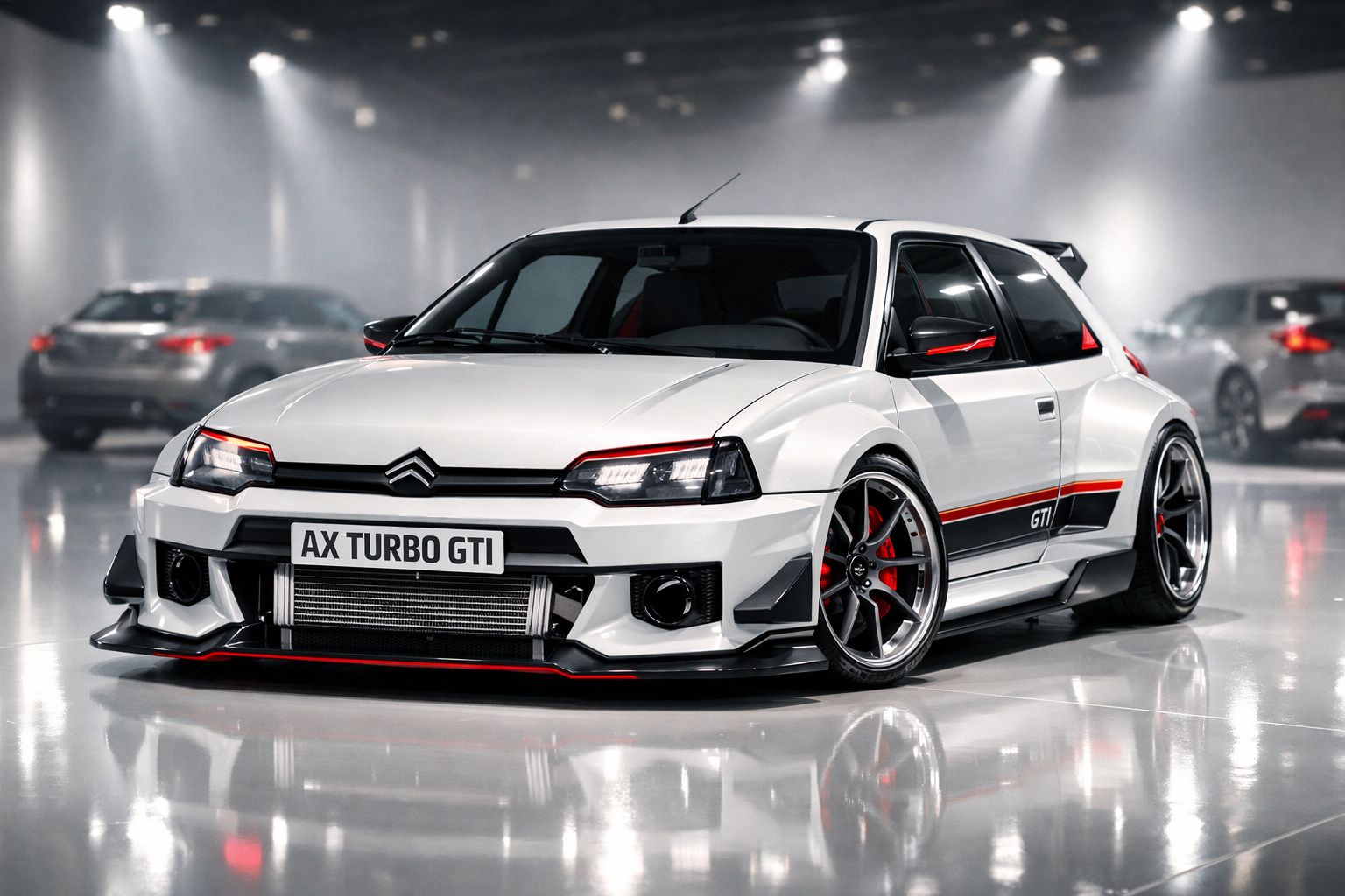 Carro Citroën AX Turbo GTI branco com detalhes em vermelho, rodas desportivas e design moderno estacionado.