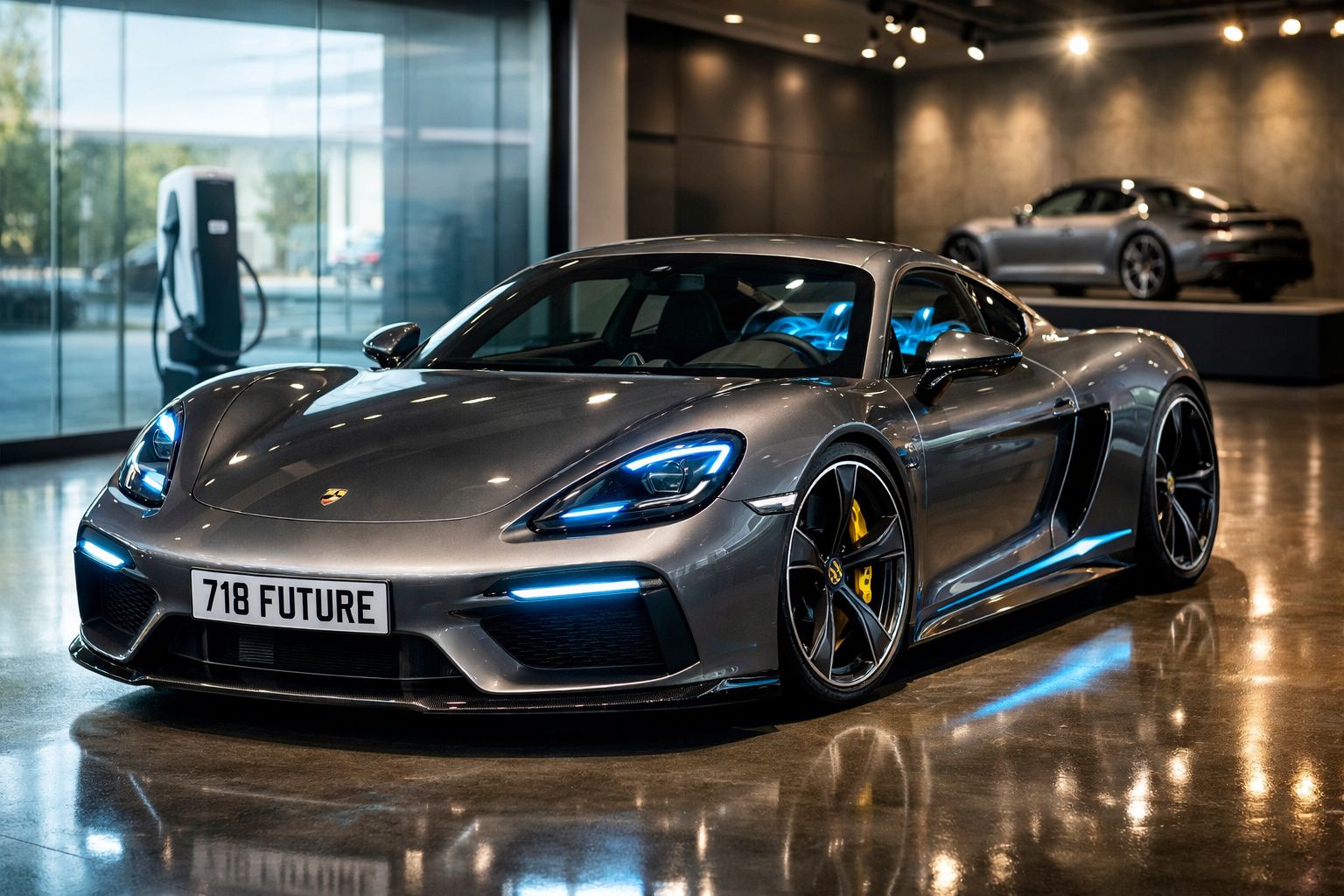 Carro desportivo moderno cinzento com matrícula "718 FUTURE" em exposição num interior iluminado.