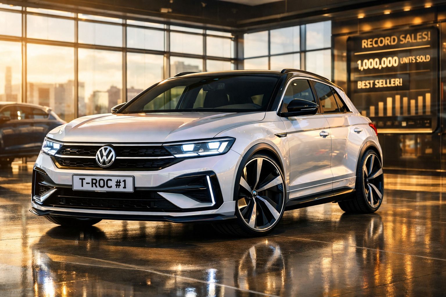 Carro Volkswagen T-Roc branco estacionado num showroom moderno com luz dourada ao entardecer.