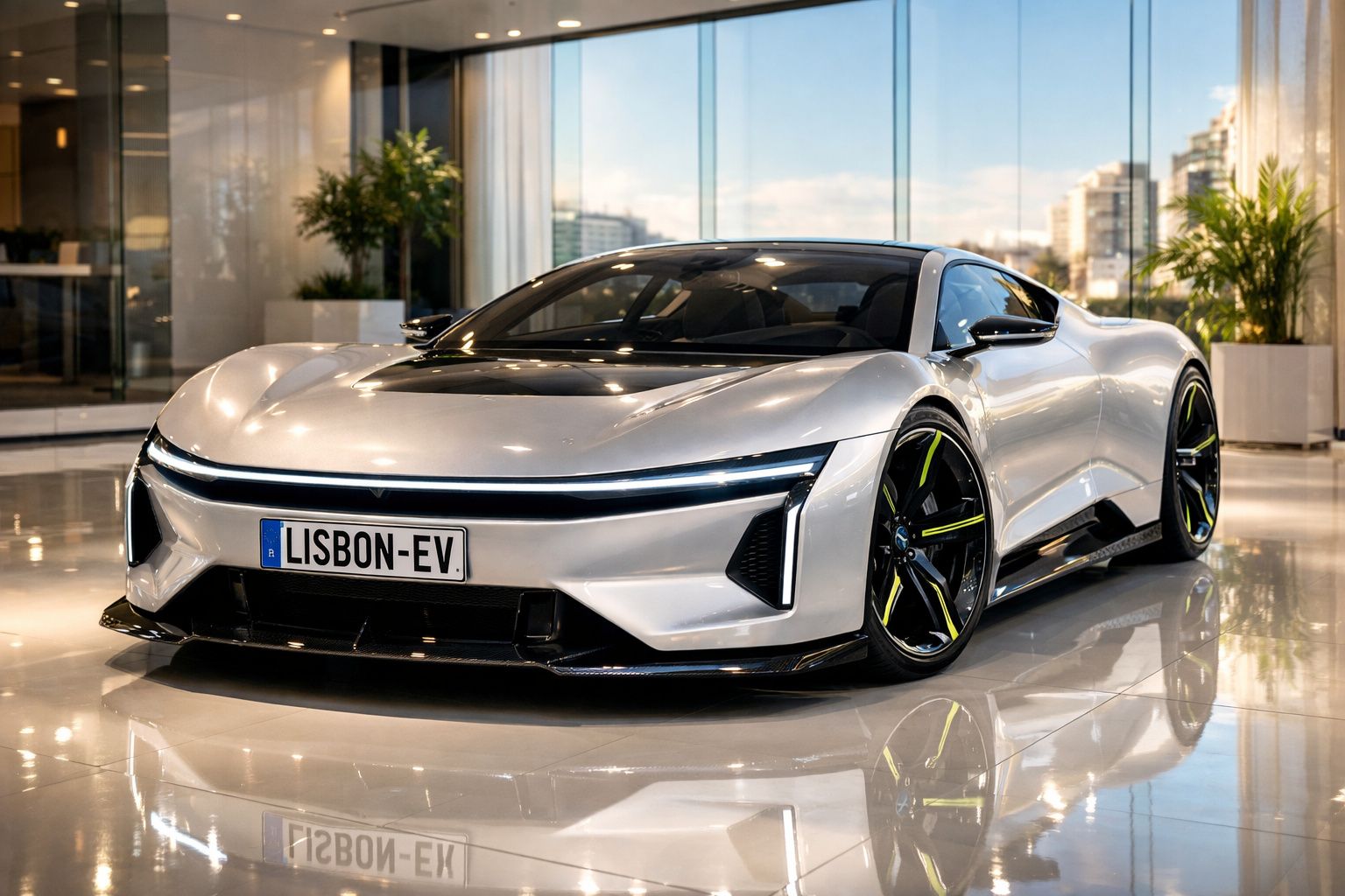 Carro desportivo elétrico prateado estacionado num espaço interior moderno com janelas grandes.
