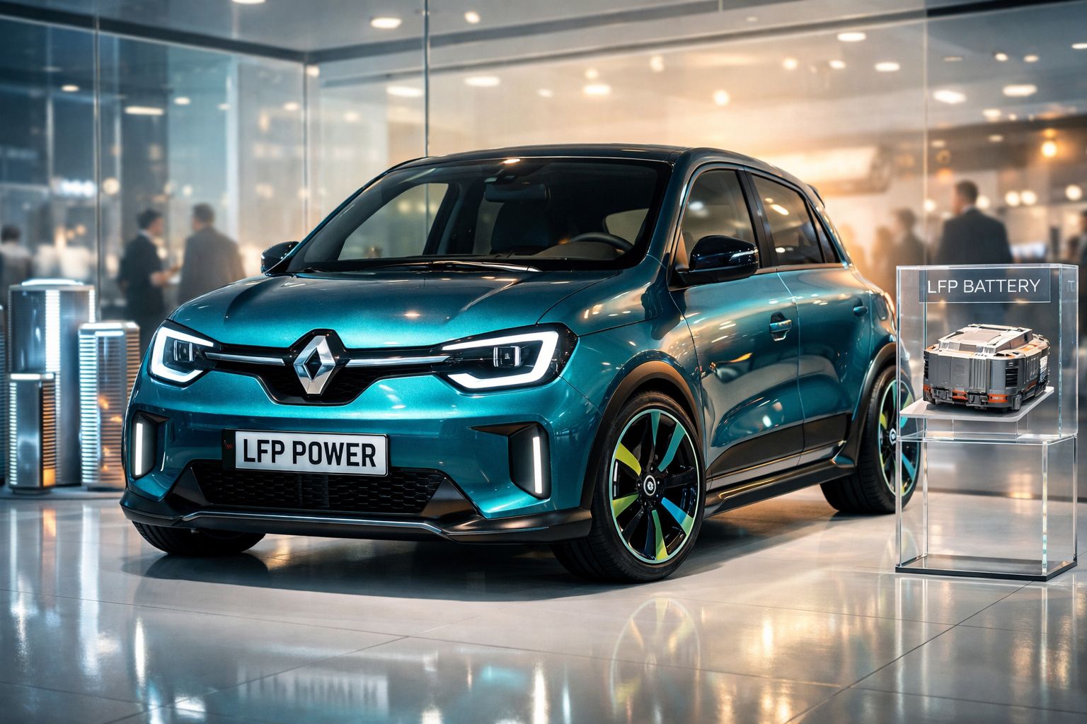 Carro elétrico Renault azul em exibição, ao lado de uma bateria LFP exposta numa caixa transparente.